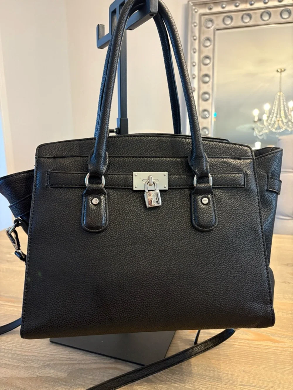 Dana Buchman Black Pebbled faux leather Satchel Silver Lock Crossbody Strap